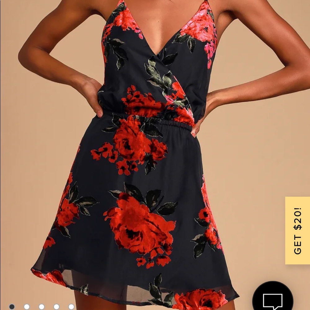 Lulus Lizbeth Black and Red Floral Print Burnout Velvet Skater Dress
